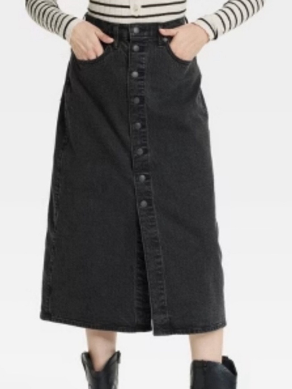 Universal Thread Black Wash Button-Front Midi Denim Skirt Size 2 NWT